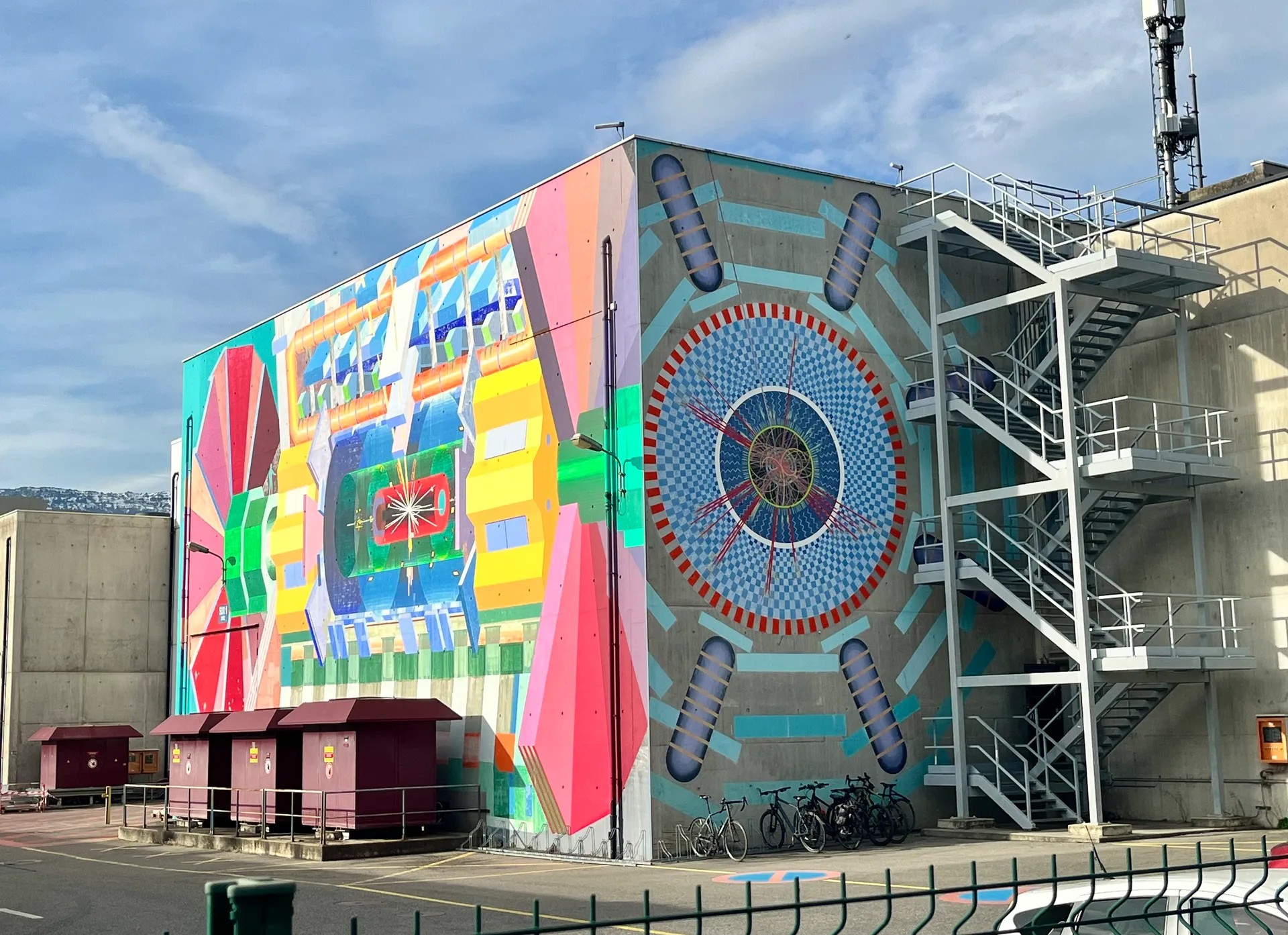 The ATLAS control-room building at Point 1, with Josef Kristofoletti's mural of the detector