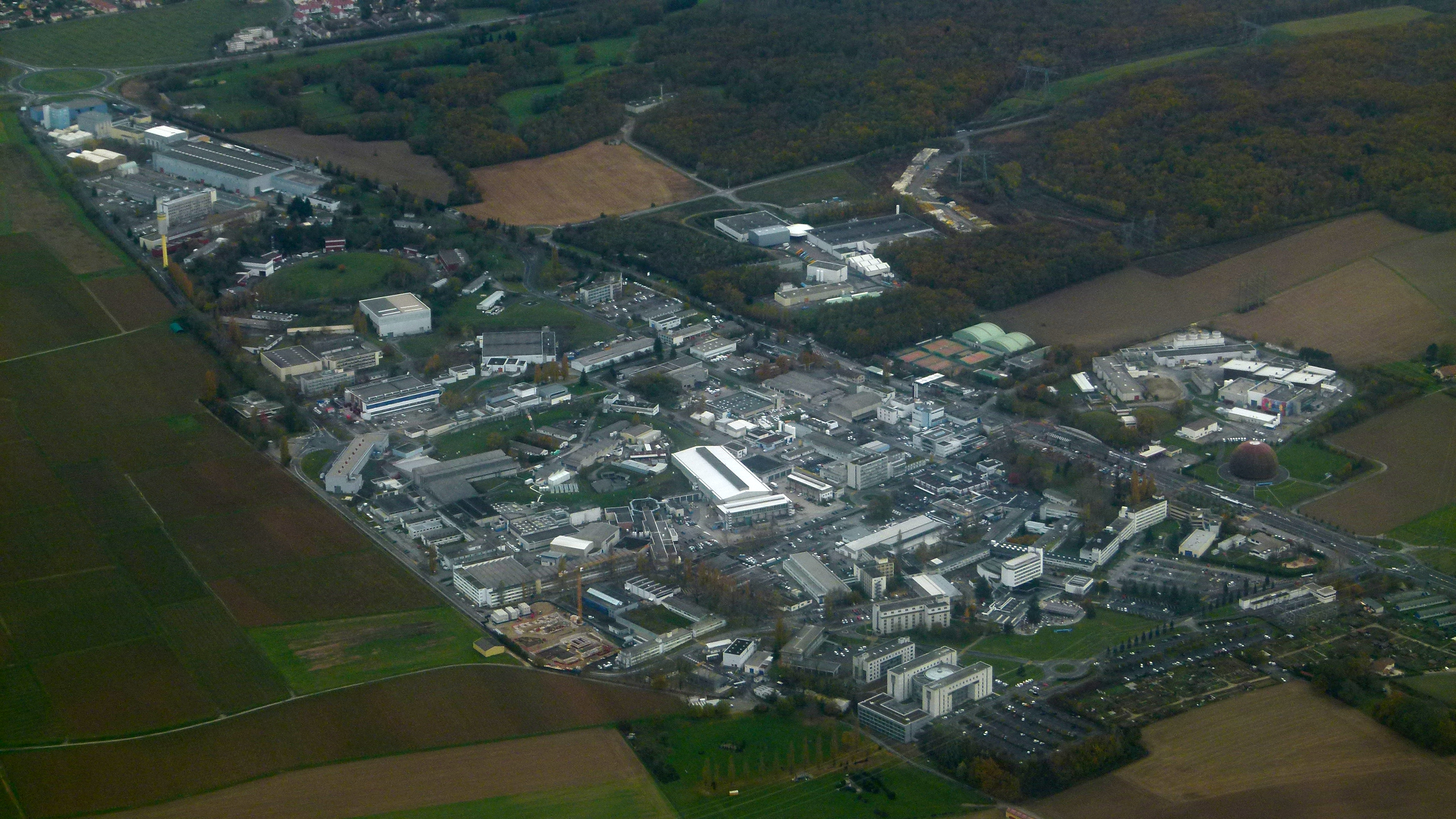 Aerial view of CERN campus at the Franco-Swiss border near Geneva