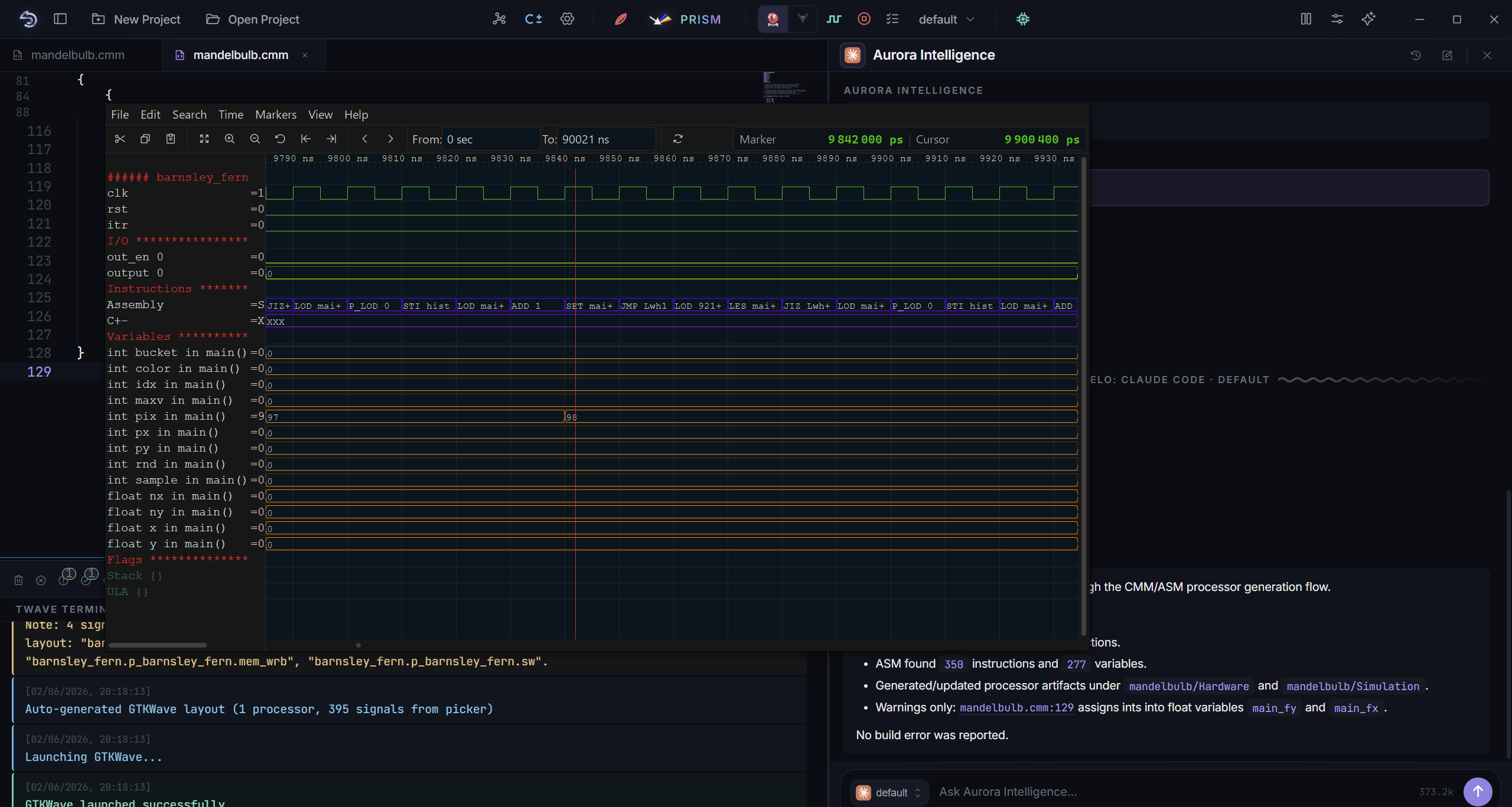 GTKWave showing the simulated processor's signals over time
