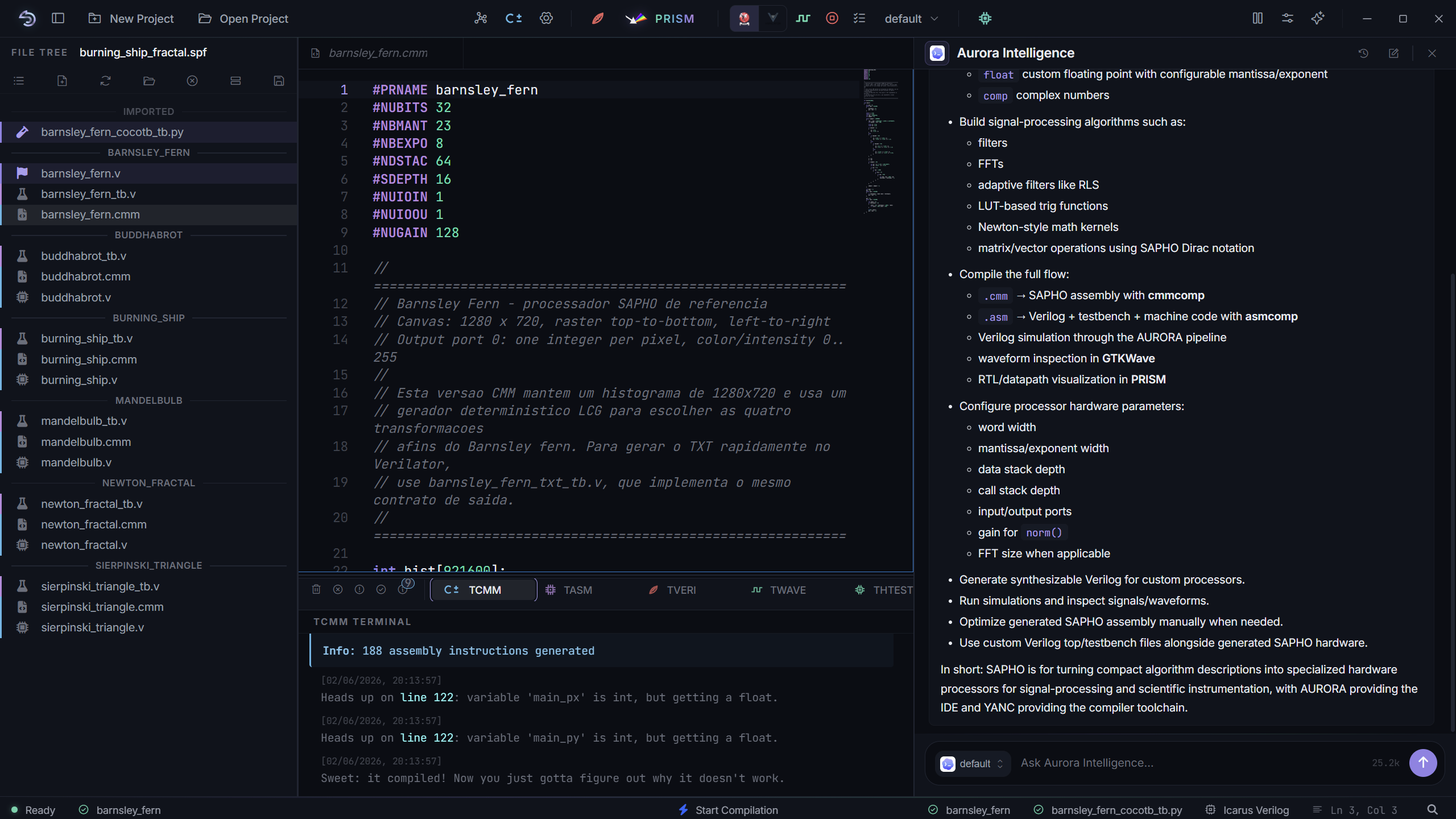 AURORA IDE: Monaco editor, project tree and compiler terminals in one window