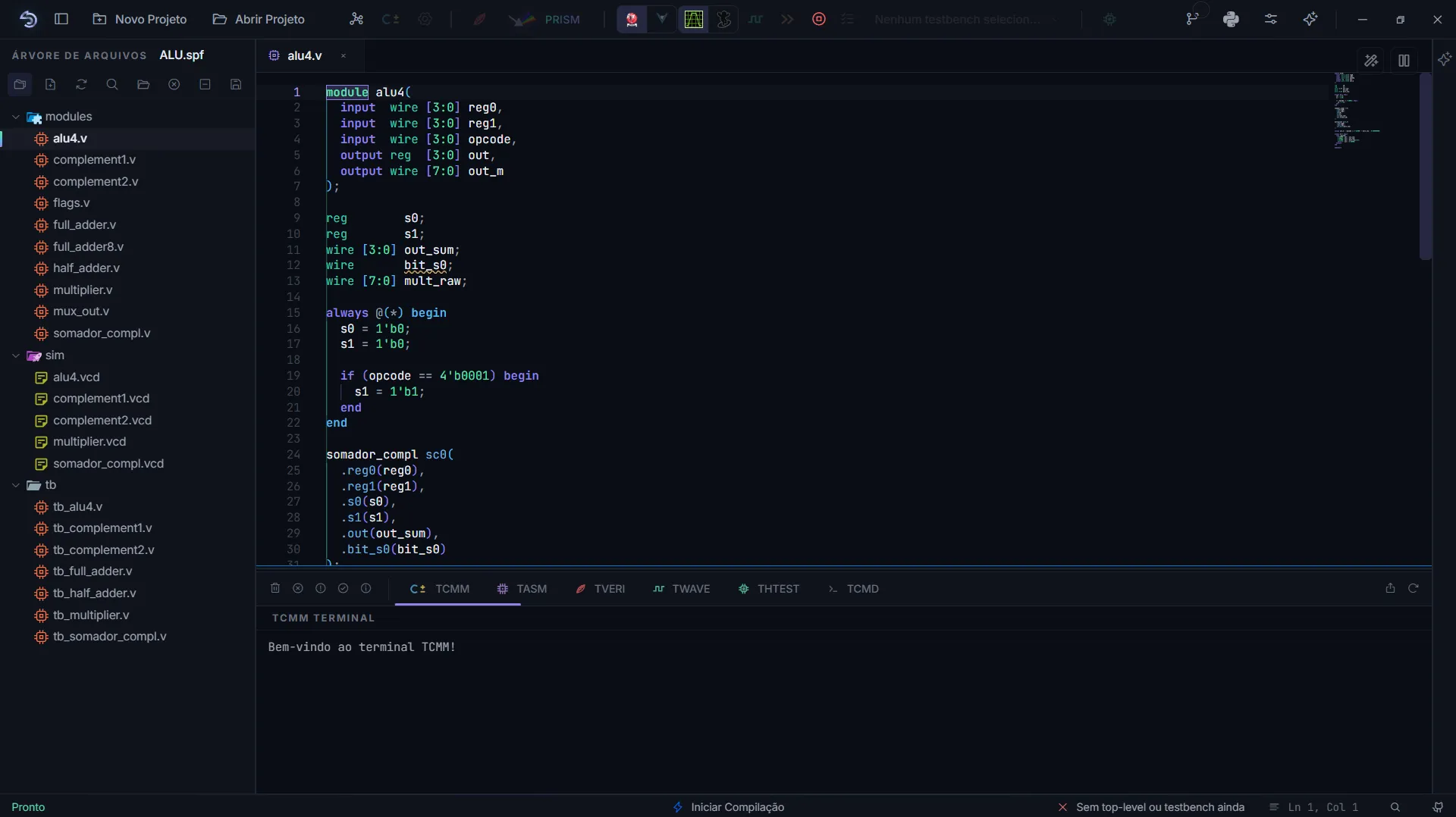 The AURORA main window: the file tree of an ALU project on the left, the alu4.v module in the editor, the terminal strip below with TCMM open, and the status bar